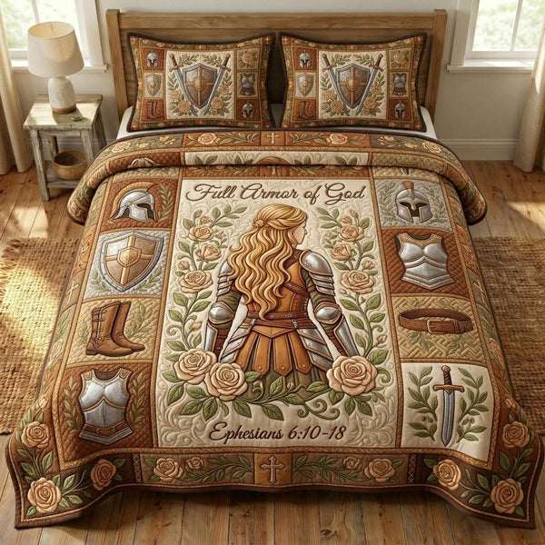Armor Of God quilted 3-piece bedding set on a made bed in a softly lit bedroom