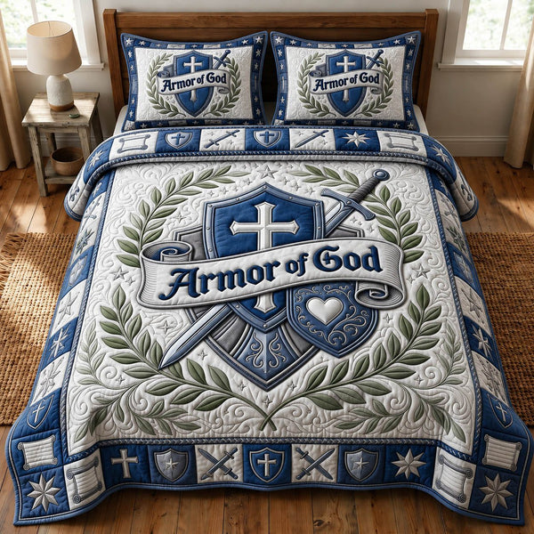 Armor Of God quilted 3-piece bedding set on a made bed in a softly lit bedroom