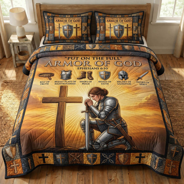 Armor Of God quilted 3-piece bedding set on a made bed in a softly lit bedroom