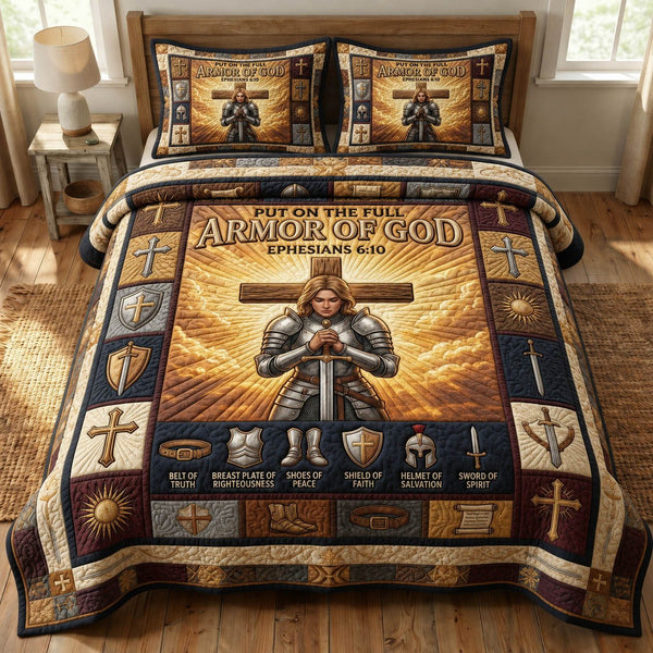 Armor Of God quilted 3-piece bedding set on a made bed in a softly lit bedroom