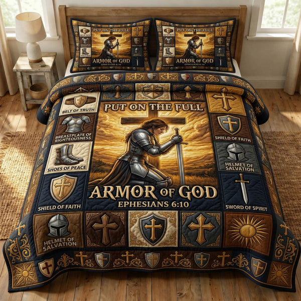 Armor Of God quilted 3-piece bedding set on a made bed in a softly lit bedroom