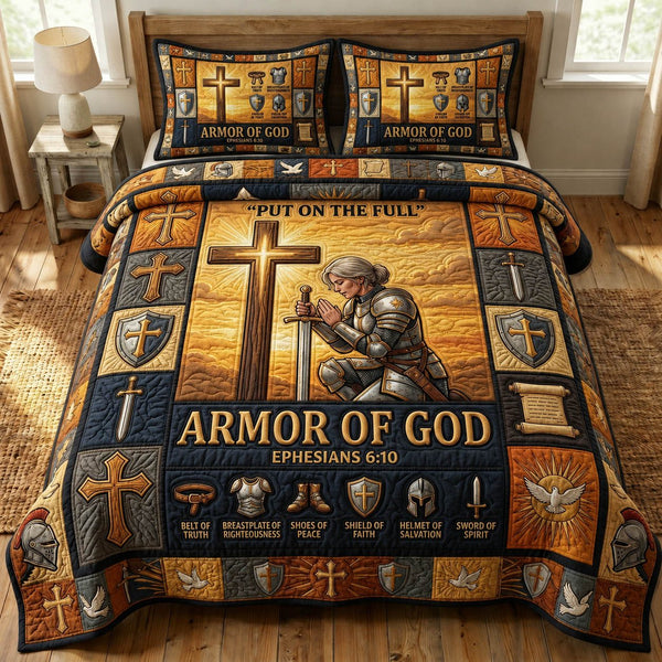 Armor Of God quilted 3-piece bedding set on a made bed in a softly lit bedroom