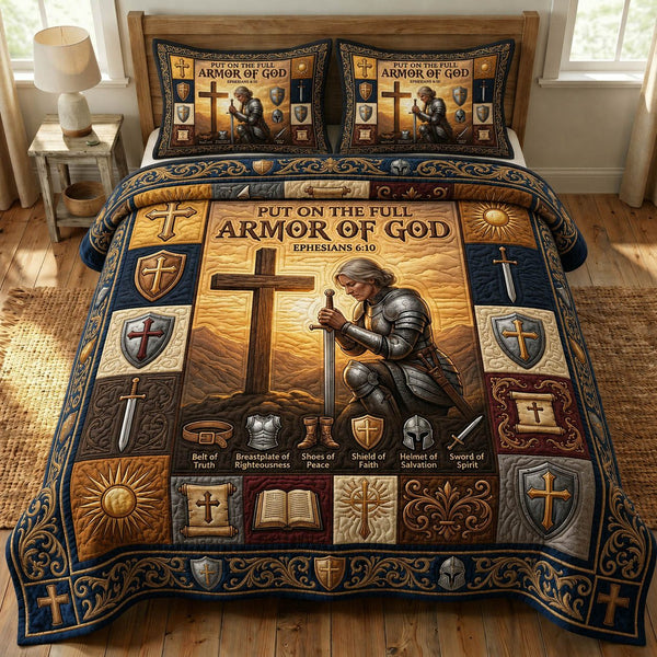 Armor Of God quilted 3-piece bedding set on a made bed in a softly lit bedroom