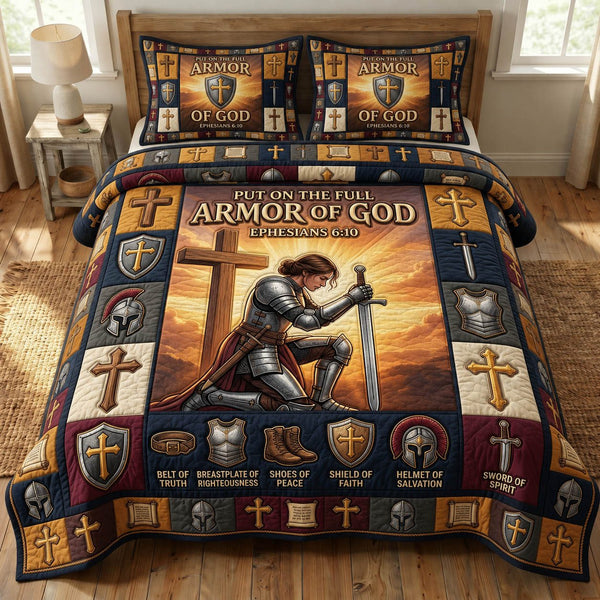 Armor Of God quilted 3-piece bedding set on a made bed in a softly lit bedroom