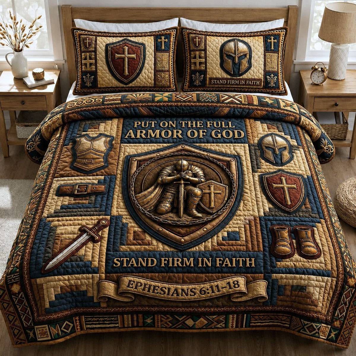 Armor Of God quilted 3-piece bedding set on a made bed in a softly lit bedroom