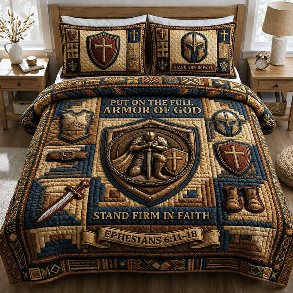 Armor Of God quilted 3-piece bedding set on a made bed in a softly lit bedroom