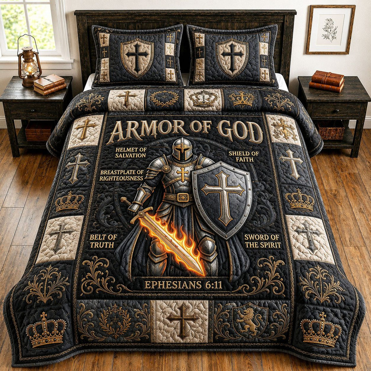 Armor Of God quilted 3-piece bedding set on a made bed in a softly lit bedroom