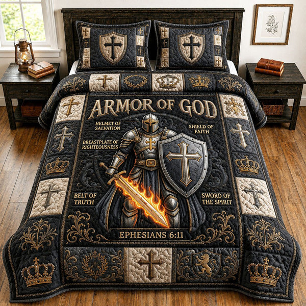 Armor Of God quilted 3-piece bedding set on a made bed in a softly lit bedroom