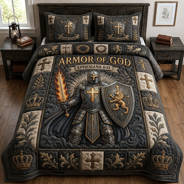 Armor Of God quilted 3-piece bedding set on a made bed in a softly lit bedroom