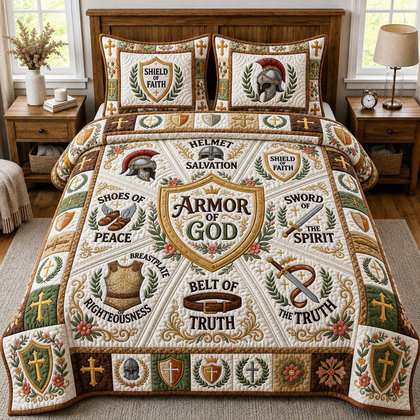 Armor Of God quilted 3-piece bedding set on a made bed in a softly lit bedroom
