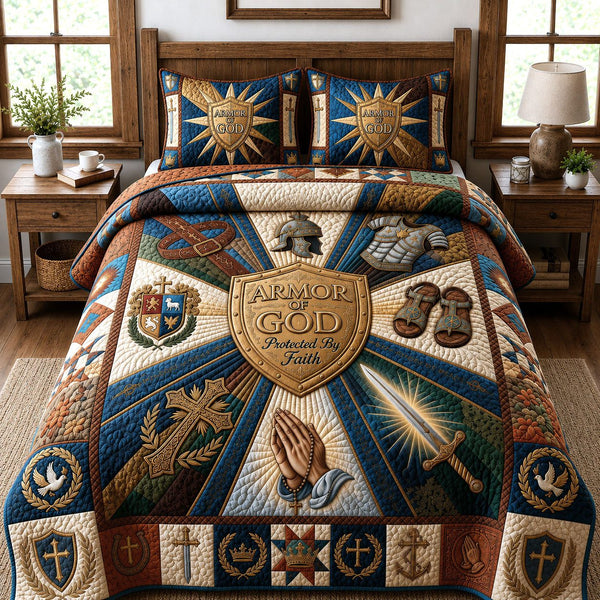 Armor Of God quilted 3-piece bedding set on a made bed in a softly lit bedroom