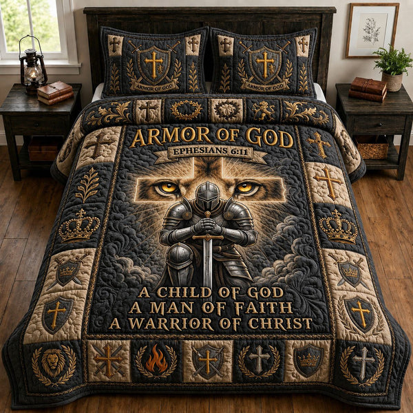 Armor Of God quilted 3-piece bedding set on a made bed in a softly lit bedroom