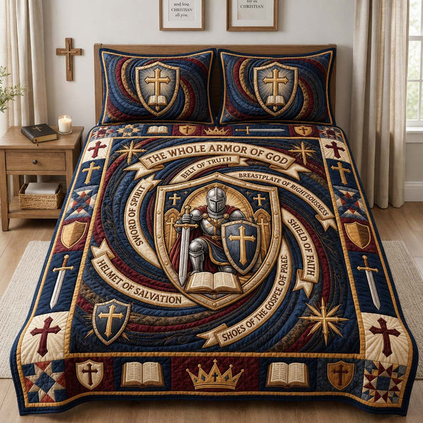 Armor Vortex Knight quilted 3-piece bedding set on a made bed with two matching pillow shams