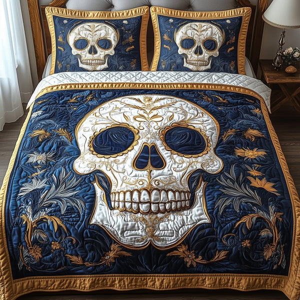 Artful Skull quilted 3-piece bedding set on a made bed against a dark styled interior