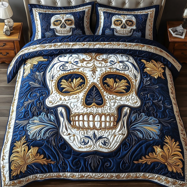 Artful Skull quilted 3-piece bedding set on a made bed against a dark styled interior