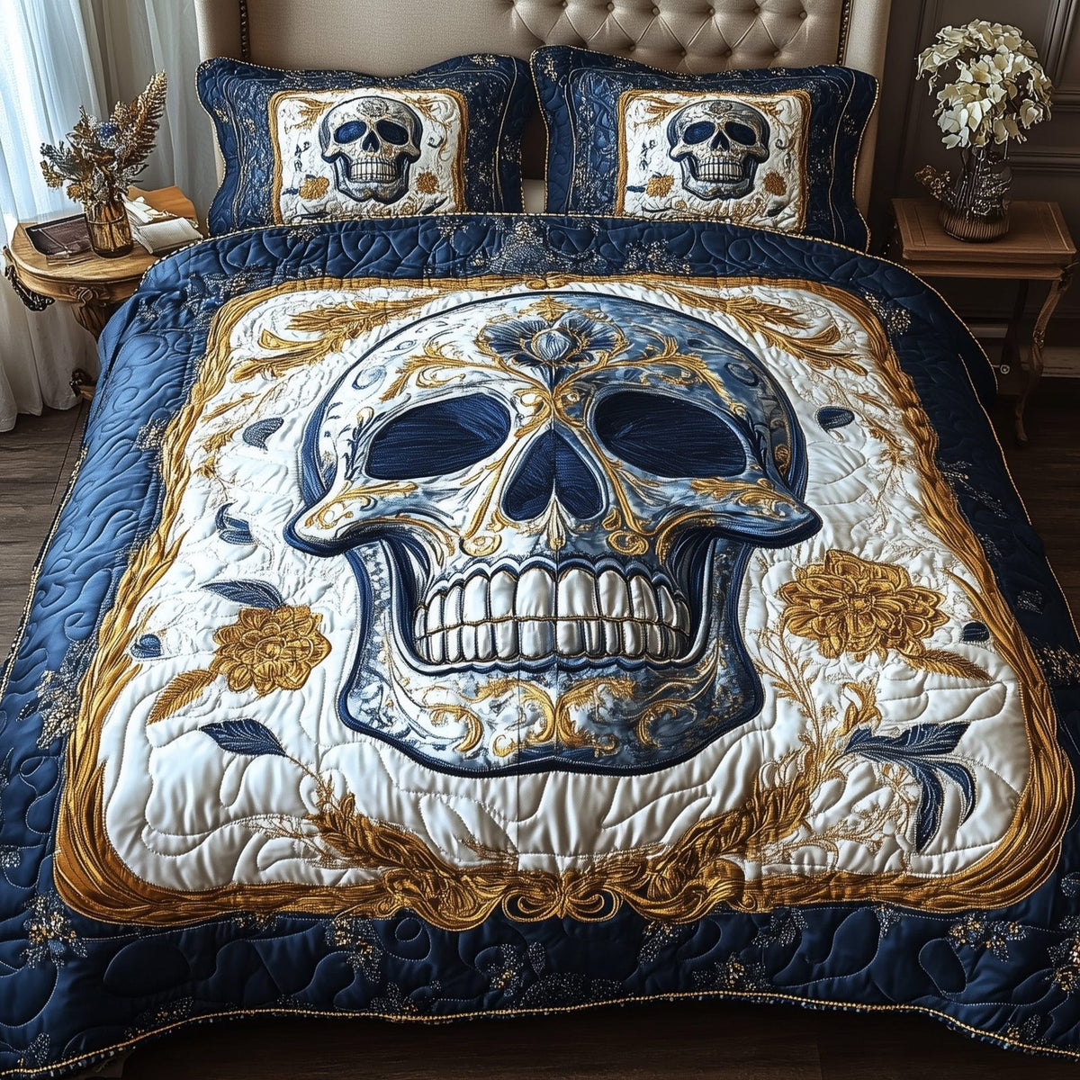 Artful Skull quilted 3-piece bedding set on a made bed against a dark styled interior