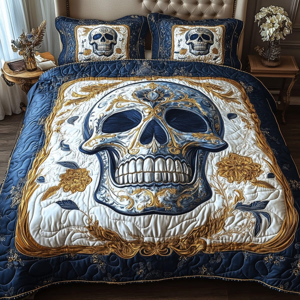 Artful Skull quilted 3-piece bedding set on a made bed against a dark styled interior