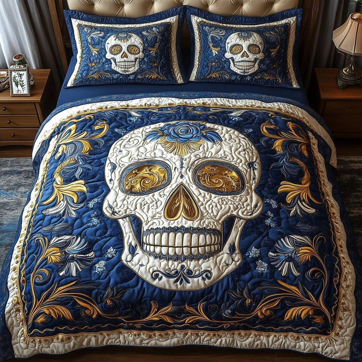 Artful Skull quilted 3-piece bedding set on a made bed against a dark styled interior