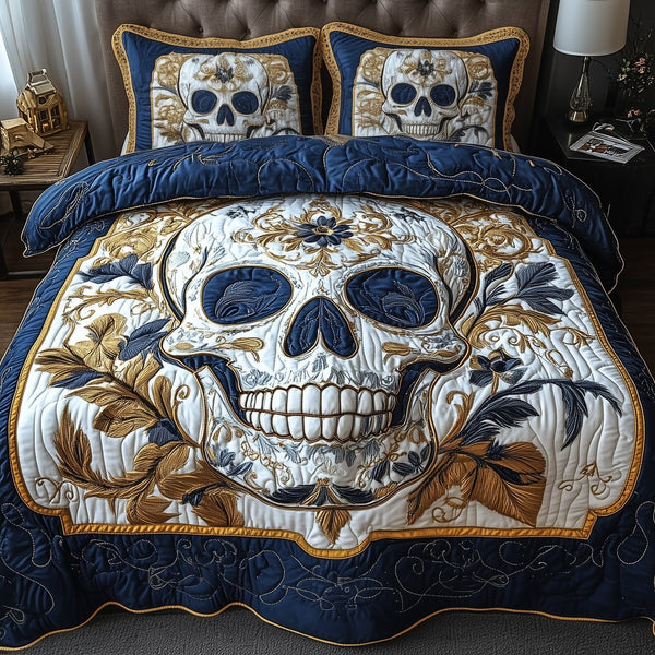 Artful Skull quilted 3-piece bedding set on a made bed against a dark styled interior