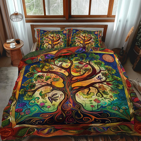 Artisan Celtic Tree of Life quilted 3-piece bedding set on a made bed in a farmhouse bedroom