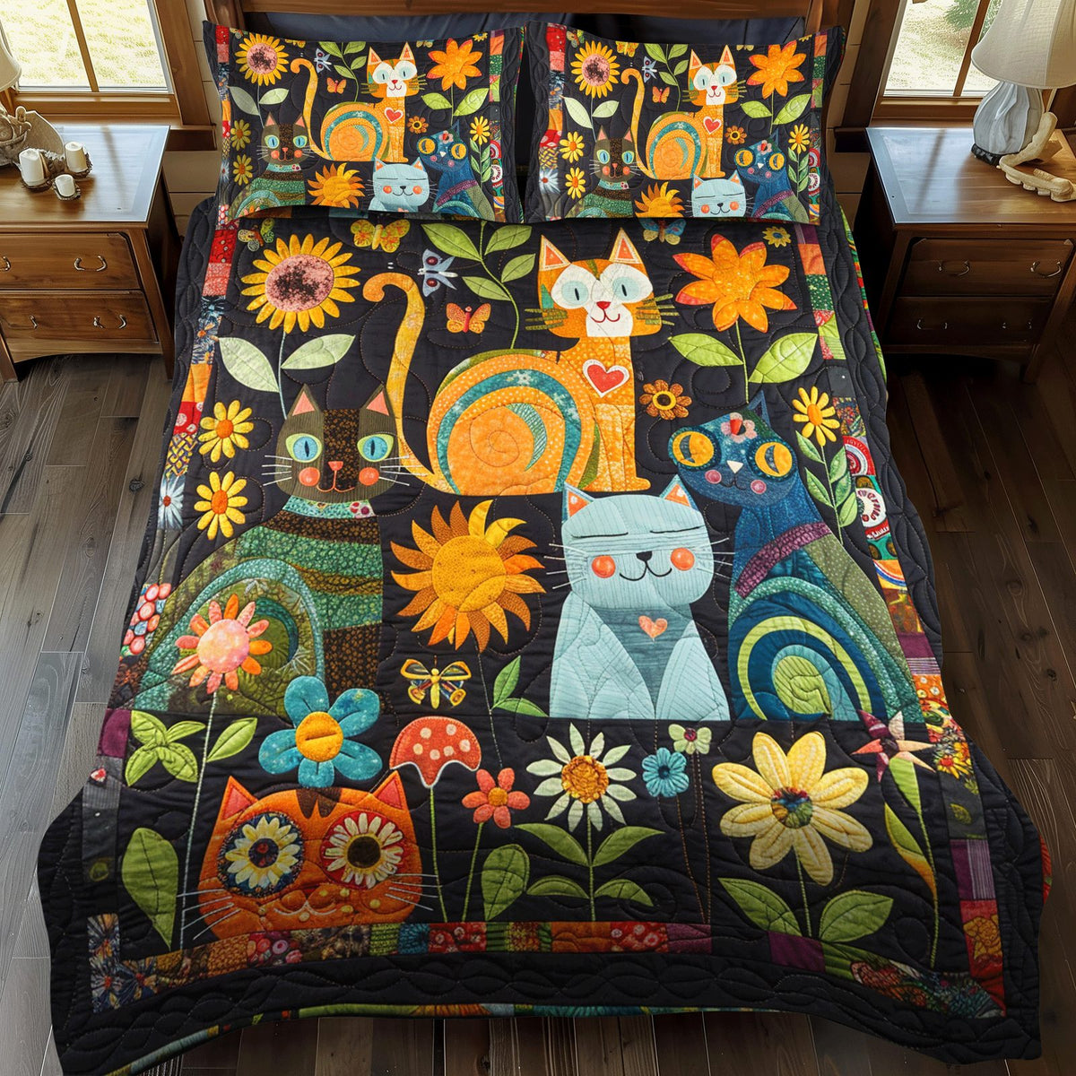 Artistic Cat-Themed quilted 3-piece bedding set on a made bed with two matching pillow shams