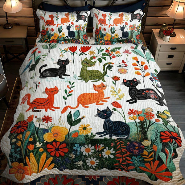 Artistic Cat-Themed quilted 3-piece bedding set on a made bed with two matching pillow shams