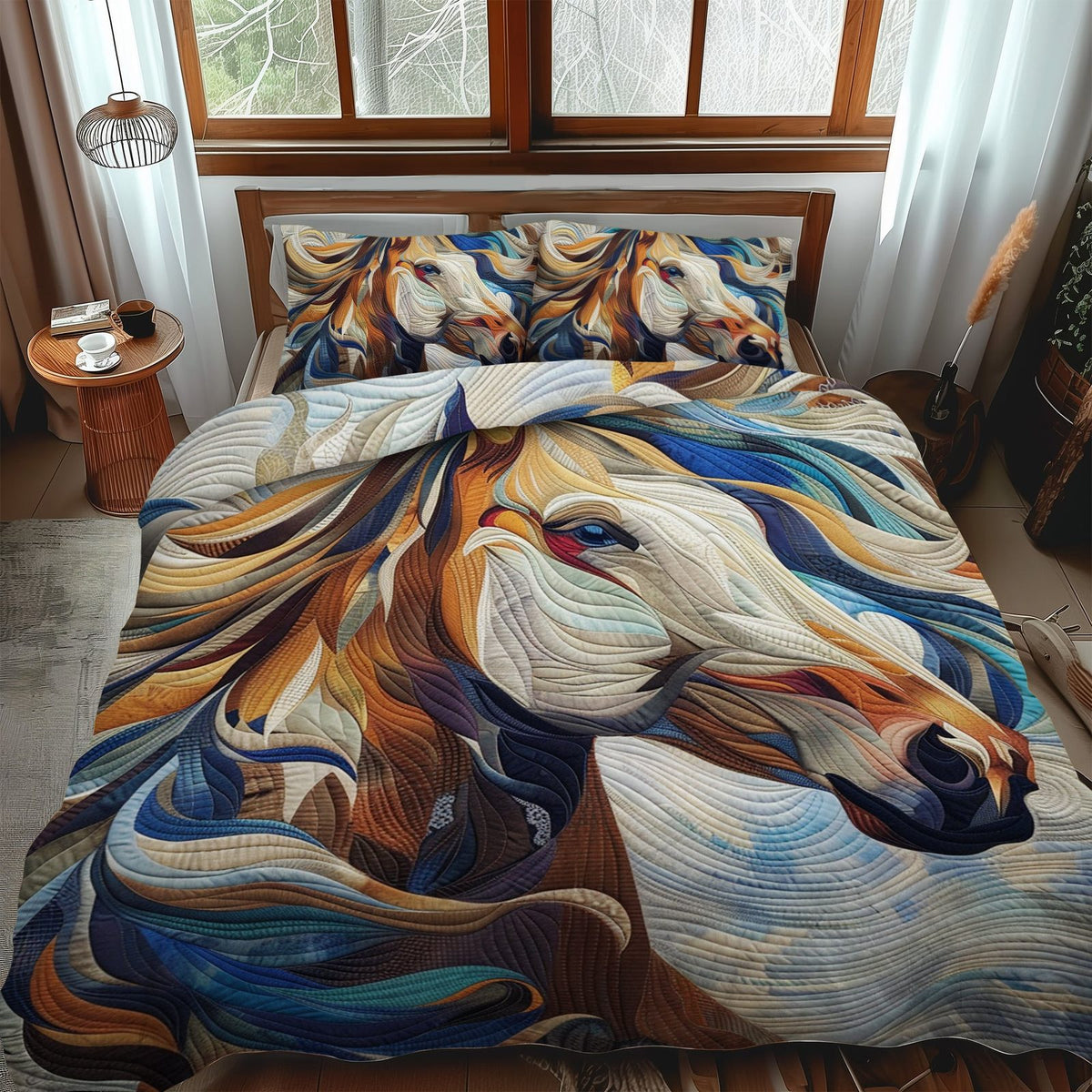Artistic Horse quilted 3-piece bedding set on a made bed in a rustic timber bedroom