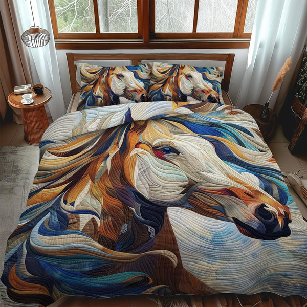 Artistic Horse quilted 3-piece bedding set on a made bed in a rustic timber bedroom