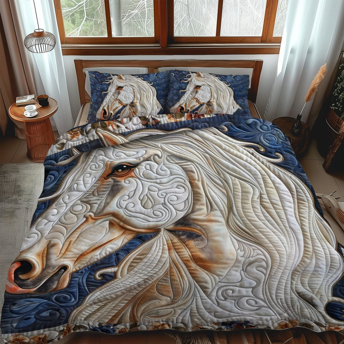 Artistic Horse-Themed quilted 3-piece bedding set on a made bed in a rustic timber bedroom