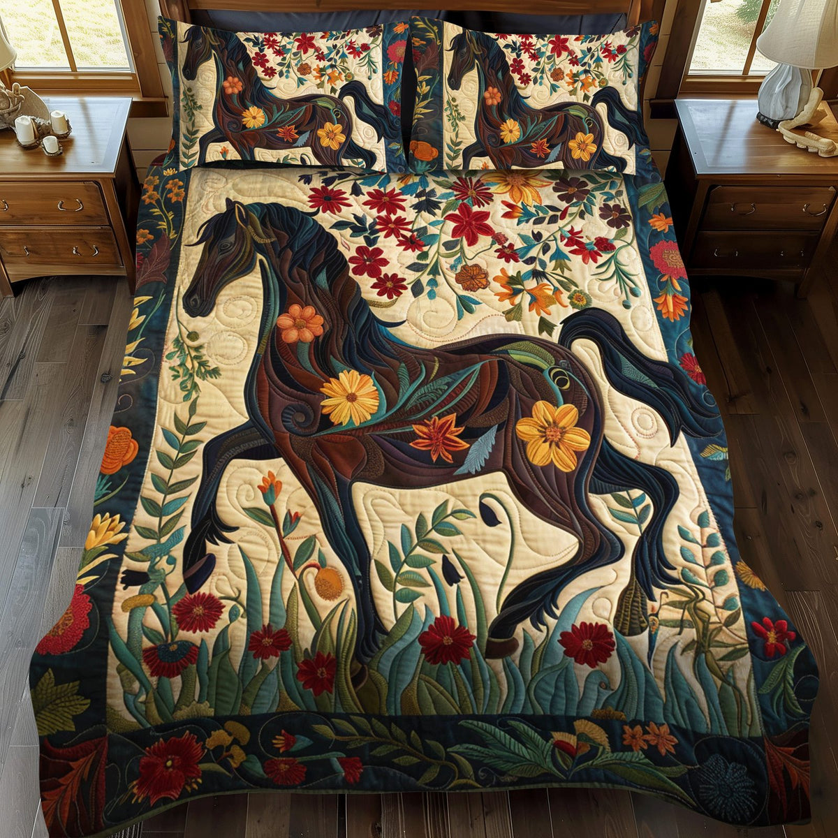 Artistic Horse-Themed quilted 3-piece bedding set on a made bed in a rustic timber bedroom