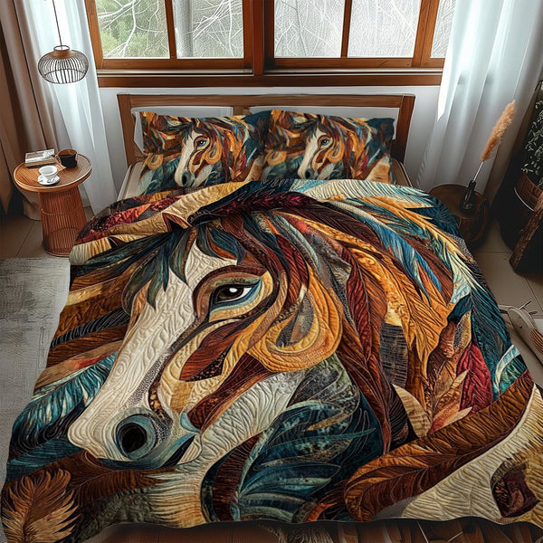 Artistic Horse-Themed quilted 3-piece bedding set on a made bed in a rustic timber bedroom