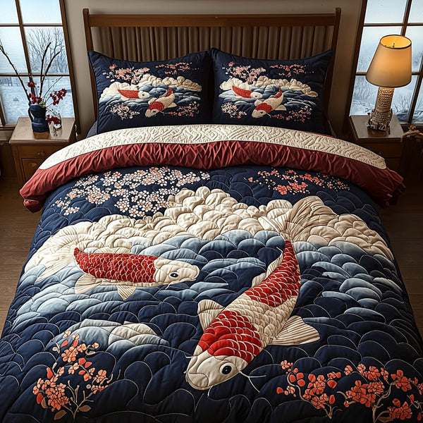 Artistic Japanese Koi quilted 3-piece bedding set on a made bed with two matching pillow shams