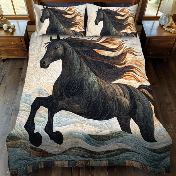Artistic Mystical Steeds quilted 3-piece bedding set on a made bed with two matching pillow shams