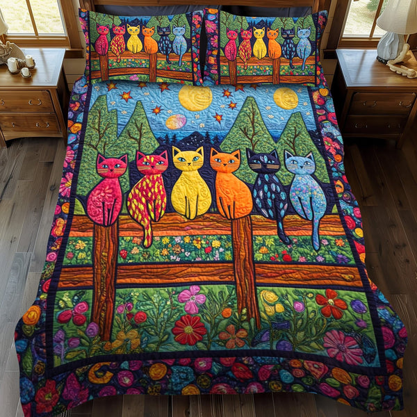 Artistic Night Cat-Themed quilted 3-piece bedding set on a made bed with two matching pillow shams