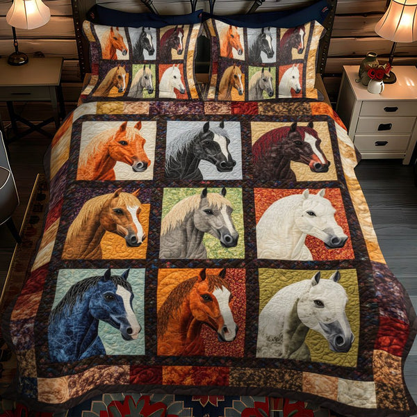Artistic Running Horse quilted 3-piece bedding set on a made bed in a rustic timber bedroom
