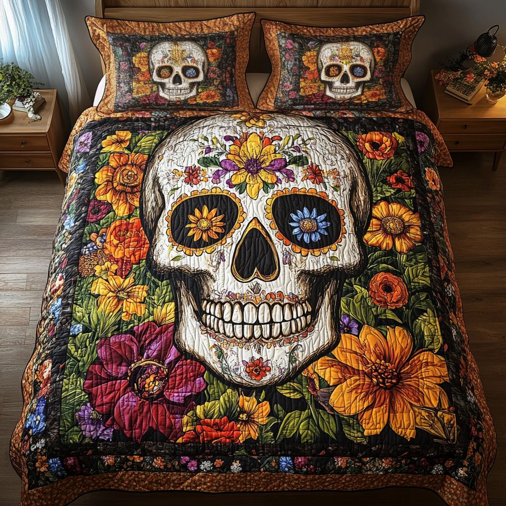 Artistic Skull quilted 3-piece bedding set on a made bed against a dark styled interior
