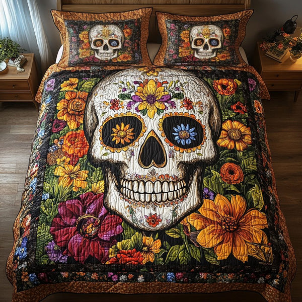 Artistic Skull quilted 3-piece bedding set on a made bed against a dark styled interior