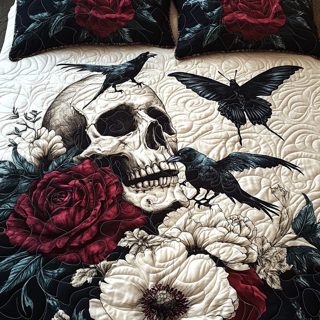 Artistic Skull quilted 3-piece bedding set on a made bed against a dark styled interior