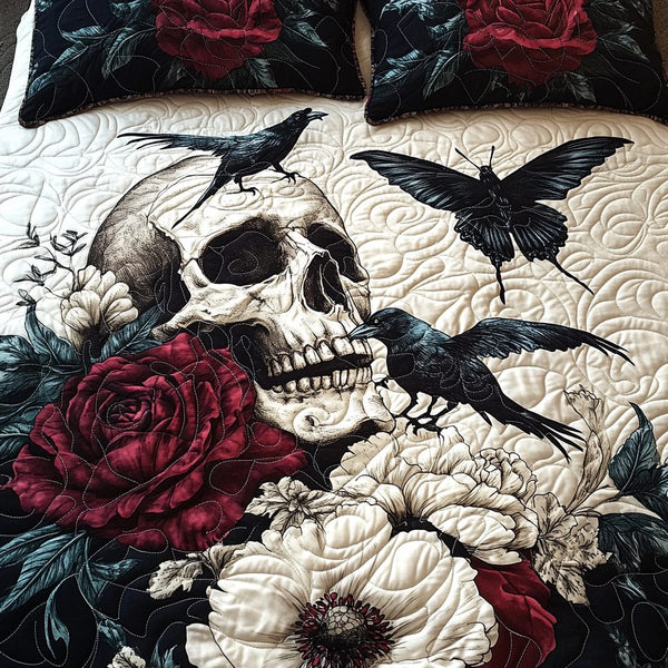 Artistic Skull quilted 3-piece bedding set on a made bed against a dark styled interior