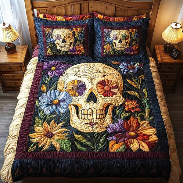 Artistic Skull quilted 3-piece bedding set on a made bed against a dark styled interior