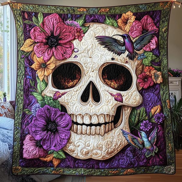 Artistic Skull Quilted Blanket - Design 1 quilted 3-piece bedding set on a made bed against a dark styled interior