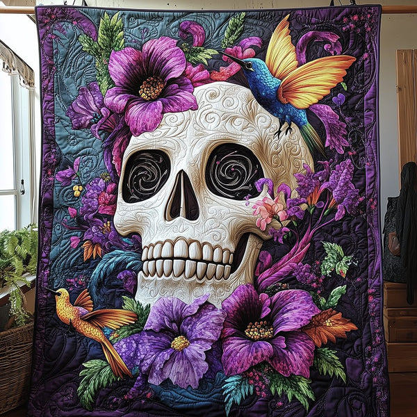 Artistic Skull Quilted Blanket - Design 10 quilted 3-piece bedding set on a made bed against a dark styled interior