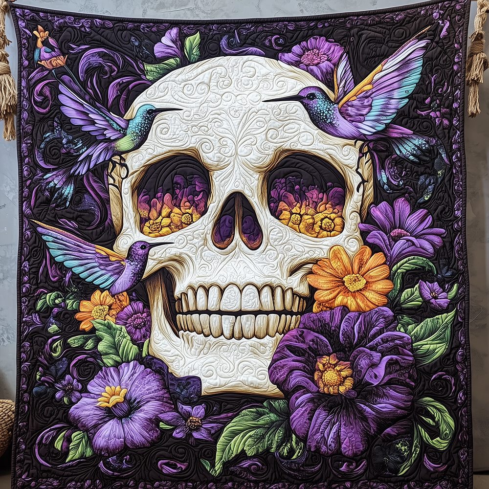 Artistic Skull Quilted Blanket - Design 11 quilted 3-piece bedding set on a made bed against a dark styled interior
