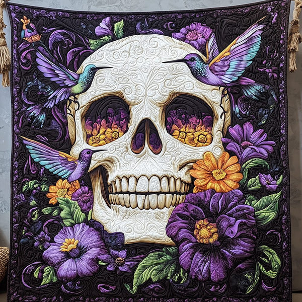 Artistic Skull Quilted Blanket - Design 11 quilted 3-piece bedding set on a made bed against a dark styled interior