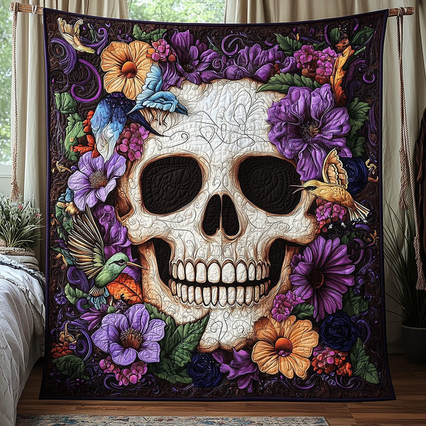 Artistic Skull Quilted Blanket - Design 2 quilted 3-piece bedding set on a made bed against a dark styled interior