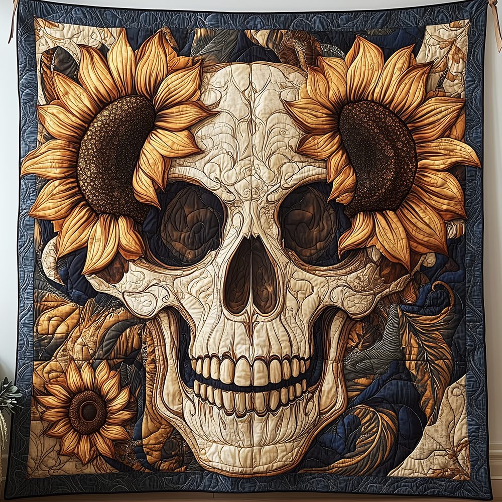 Artistic Skull Quilted Blanket - Design 3 quilted 3-piece bedding set on a made bed against a dark styled interior