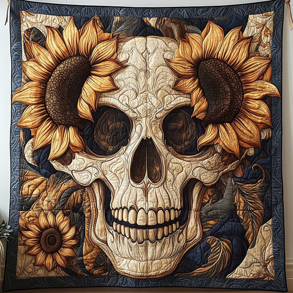 Artistic Skull Quilted Blanket - Design 3 quilted 3-piece bedding set on a made bed against a dark styled interior