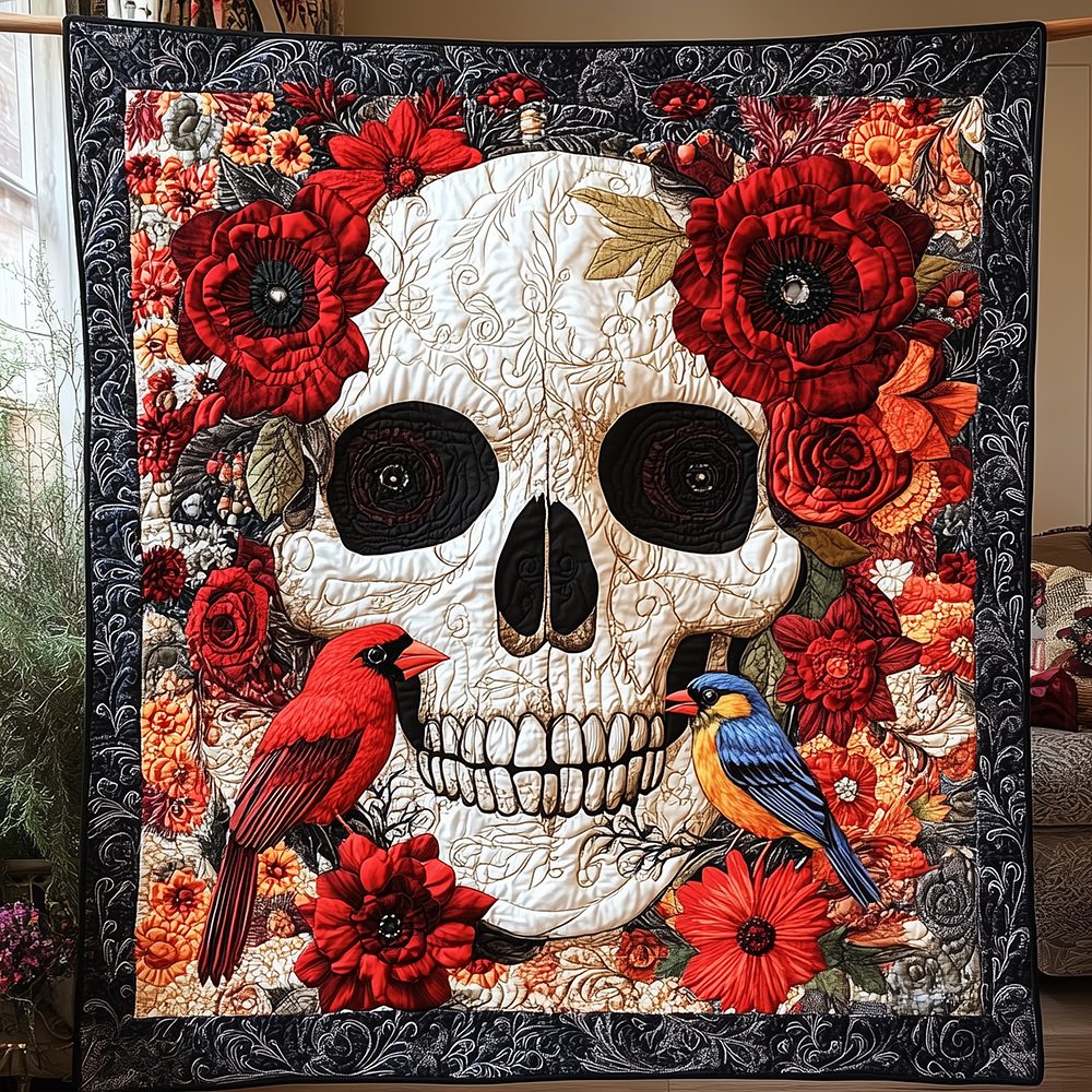 Artistic Skull Quilted Blanket - Design 4 quilted 3-piece bedding set on a made bed against a dark styled interior