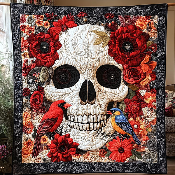 Artistic Skull Quilted Blanket - Design 4 quilted 3-piece bedding set on a made bed against a dark styled interior