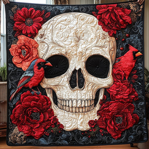 Artistic Skull Quilted Blanket - Design 5 quilted 3-piece bedding set on a made bed against a dark styled interior